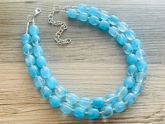 Aqua Blue Double Strand Statement Necklace Chunky Light Blue Oval Beaded Bib Jewelry Blue Jewelry Baby Blue Jewlery Necklace Etsy