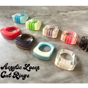 Laser Acrylic Cut Rainbow Stack Rings, chunky retro rings, thick rings, 70s 80s inspired vintage style stacked rings, red statement blue