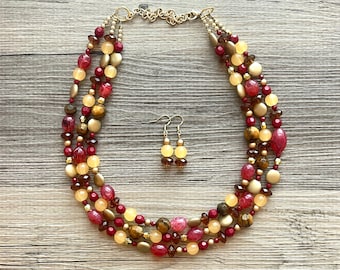 Fall Statement Necklace, Red Mustard Gold Necklace, Triple Strand Statement Necklace, fall colors necklace, vintage gold necklace, chunky