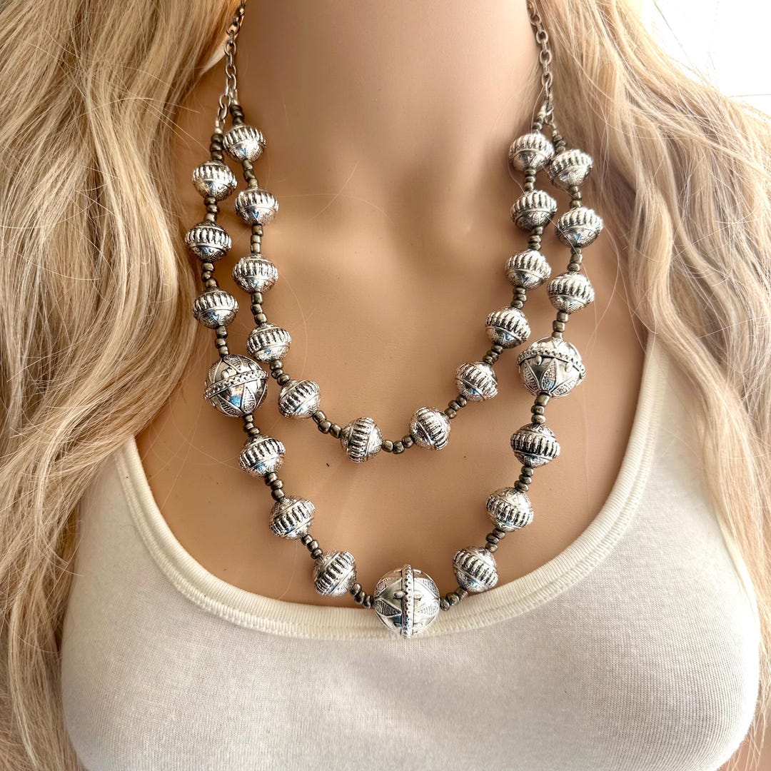 Silver Bells Statement Necklace, Chunky Jewelry Big Beaded Double ...