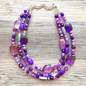 Purple Chunky Statement Necklace, Triple Strand Beaded Jewelry, lilac lavendar eggplant jewelry, purple bridesmaid wedding jewlery crystal