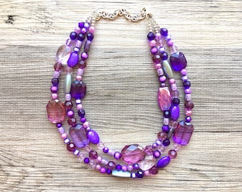 Purple Chunky Statement Necklace, Triple Strand Beaded Jewelry, lilac lavendar eggplant jewelry, purple bridesmaid wedding jewlery crystal