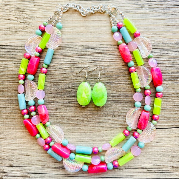 Watermelon Summer OOAK chunky beaded statement necklace, neon pink mint lime raspberry necklace jewelry, beaded vacation necklace