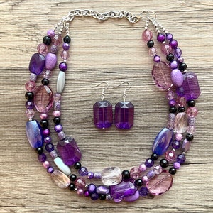 Black & Purple Chunky Statement Necklace, Triple Strand Beaded Jewelry, lilac lavendar eggplant jewelry, bridesmaid wedding, purple necklace