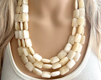 Blonde Beaded Necklace, 3 Strand Statement Jewelry, pale yellow Chunky bib bridesmaid, pastel yellow earrings geometric creamy