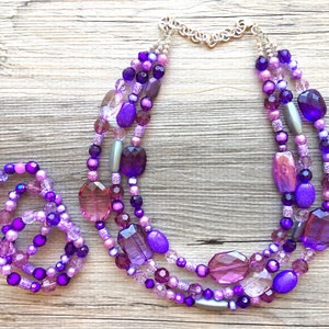 Purple Chunky Statement Necklace & Stretch Bracelet set, Triple Strand Beaded Jewelry, lilac lavendar eggplant jewelry, purple bridesmaid