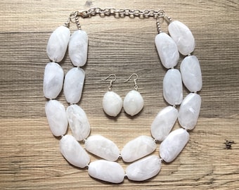 Statement White Double Strand Necklace, white Extra Chunky jewelry, Statement Necklace, white jewelry, beaded white necklace, white earrings