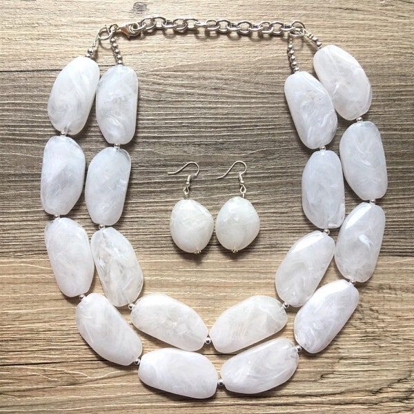 Statement White Double Strand Necklace, white Extra Chunky jewelry, Statement Necklace, white jewelry, beaded white necklace, white earrings