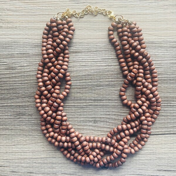 Brown Wood Braided Statement Necklace, beaded jewelry, beaded necklace, wood jewelry, dark coffee necklace chunky bib collar