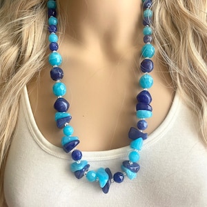 Long Two Tone Blue Chunky Long Statement Necklace, long silver necklace, beaded long necklace, royal aqua beaded statement jewelry