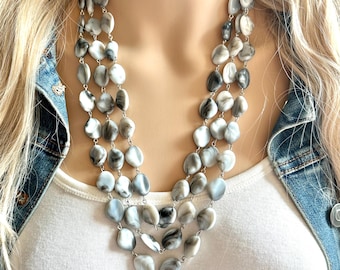 Gray Ombré Chunky Statement Necklace, Tie Dye multi Strand Beaded Jewelry, 3 strand chunky bib silver white black bead