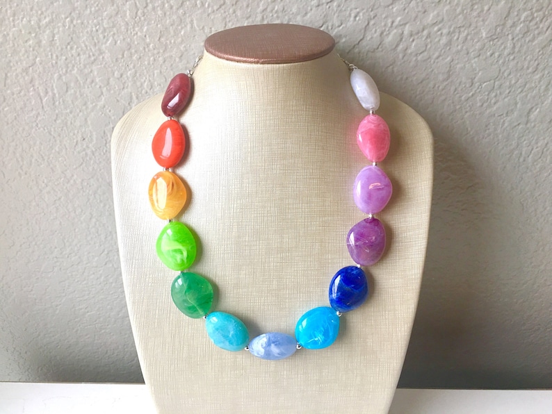 Rainbow Beaded Necklace Colorful Jewelry Chunky Statement Etsy
