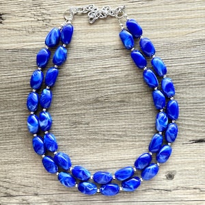 Royal Blue Double Strand Statement Necklace, Chunky dark blue Oval Beaded Bib Jewelry, blue jewelry, resin acrylic blue jewlery cobalt