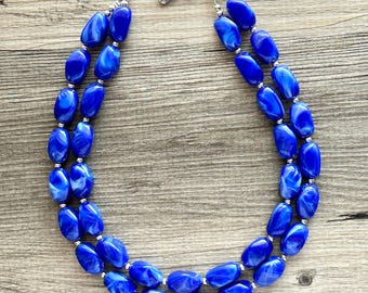 Royal Blue Double Strand Statement Necklace, Chunky dark blue Oval Beaded Bib Jewelry, blue jewelry, resin acrylic blue jewlery cobalt