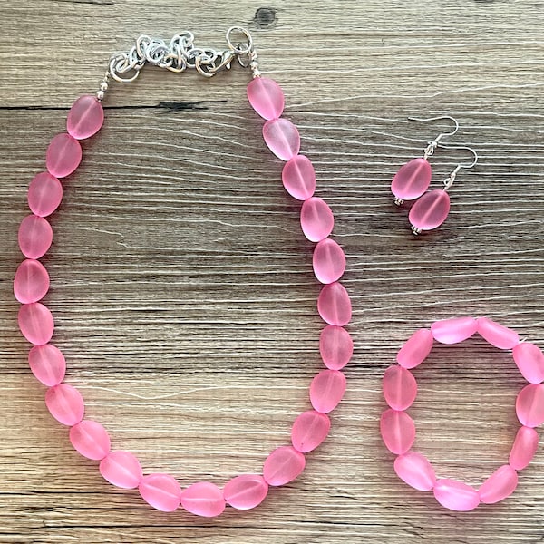 Cotton Candy Chunky Statement Necklace & Stretch Bracelet set, Single Strand Beaded Jewelry, Pink jewelry, bridesmaid jelly bean wedding