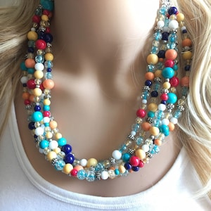 Multi-Color RAINBOW & Silver Beaded Becklace, Bright Colorful Statement Necklace, Chunky Beaded Necklace, Colorful jewelry set, earrings