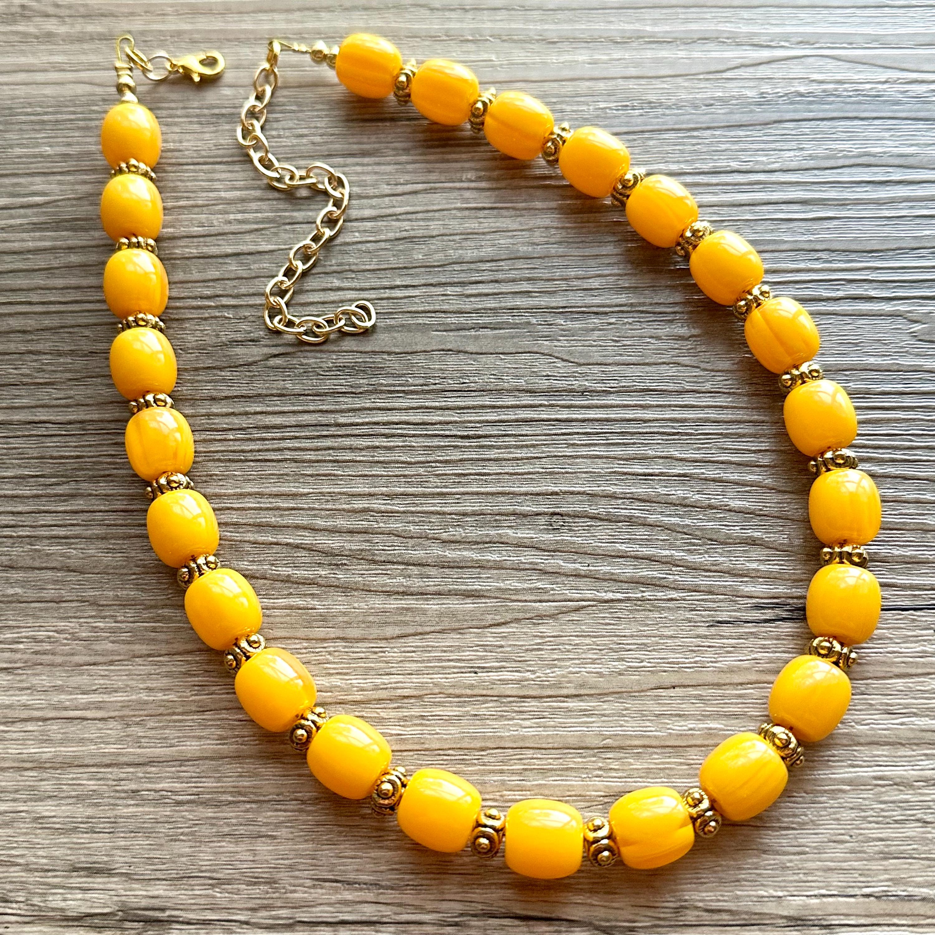 Yellow & Gold Single 1 Strand Big Beaded Statement Necklace 