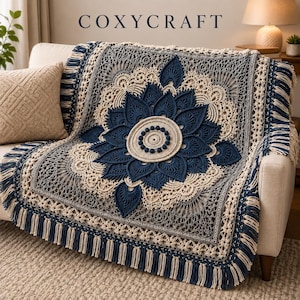 Blue Mandala Crochet Blanket Pattern | Boho Floral Lace Afghan Throw (PDF Download)