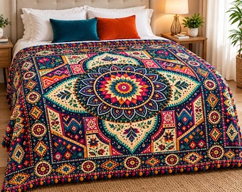 May include: A rectangular bedspread featuring a dark blue base with a vibrant, multi-colored mandala pattern in the center. The design includes geometric shapes, floral motifs, and small pom-pom trim along the edges in shades of red, yellow, and teal.