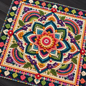 May include: A square crochet blanket featuring a central multi-layered floral mandala design in vibrant shades of pink, orange, yellow, teal, and purple. The intricate pattern includes raised petal textures, small crocheted leaves, and a dark blue border.