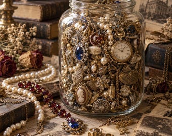 Vintage Mystery Jewelry Jar, Antique Style Jewelry Blind Box, Curated Surprise Jewelry Mix, Pearl & Gold Treasure Gift for Her