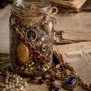 Puede incluir: Un frasco de vidrio transparente lleno de joyas variadas, incluyendo cadenas doradas, collares de piedras preciosas rojas y perlas blancas. Un cordel está atado al cuello del frasco con un pequeño dije de corazón dorado. Cerca hay collares de perlas y un colgante azul.