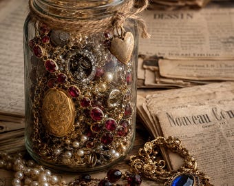 Scatola misteriosa di gioielli in stile vintage | Set a sorpresa con barattolo del tesoro antico | Collane di perle, medaglioni e pietre preziose | Regalo Dark Academia