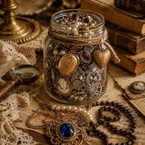 Puede incluir: Un frasco de vidrio transparente lleno de joyas vintage variadas, incluyendo relicarios dorados, camafeos, hileras de perlas y un dije en forma de corazón. El cuello del frasco está envuelto con cuerda. Varios collares, uno con una piedra azul, yacen fuera.