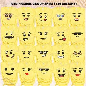 May include: A collection of twenty bright yellow t-shirts, each featuring a unique black graphic print of a minifigure face. The text MINIFIGURES GROUP SHIRTS (20 DESIGNS) is displayed at the top. The faces show various expressions, including sunglasses, smiles, winks, and different eye shapes.