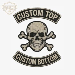 May include: An embroidered patch featuring a central human skull with crossed bones behind it. Above the skull is a curved banner with the text CUSTOM TOP, and below the skull is a curved banner with the text CUSTOM BOTTOM. The design uses black and tan.