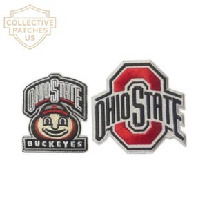 May include: Two embroidered fabric patches featuring Ohio State branding. The left patch displays the Brutus Buckeye mascot head with the text Ohio State and Buckeyes. The right patch features the block O logo with the text Ohio State in black.