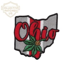 Ohio State Map Buckeye Leaf Scarlet and Gray Embroidered Patch