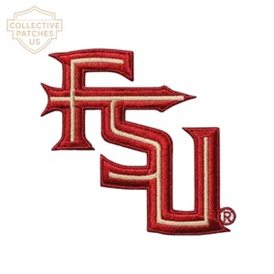 May include: An embroidered patch featuring the letters FSU in a stylised font. The letters are primarily deep red with a thin, light beige outline. A small registered trademark symbol is visible at the bottom right of the letter U.