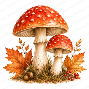 May include: Two red and white spotted mushrooms with thick stems, surrounded by orange maple leaves, a brown acorn, and a small cluster of red berries. The illustration features detailed textures on the mushroom caps and autumn foliage.