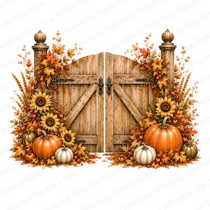 May include: A pair of wooden gates flanked by two pillars, decorated with autumn foliage, sunflowers, wheat stalks, and various pumpkins in shades of orange, white, and green. The scene features detailed wood grain and metal hinges.