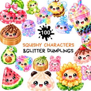 Può includere: Una collezione di 100 personaggi squishy e gnocchi glitterati con varie illustrazioni in stile kawaii, tra cui ciliegie, un dinosauro, una stella, un'ape, un tè boba, una medusa, una balena, un avocado, un cubo, un coniglio, un girasole e una farfalla.