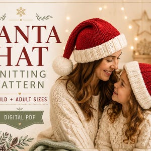 Peut inclure: Un patron de tricot PDF numérique pour un bonnet de Père Noël en tailles enfant et adulte. Le texte indique SANTA HAT KNITTING PATTERN CHILD + ADULT SIZES DIGITAL PDF. L'image montre deux personnes portant des bonnets tricotés rouge et blanc.
