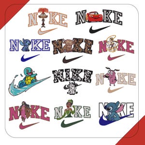 Puede incluir: Una colección de doce diseños bordados que presentan la palabra NIKE con varios personajes de dibujos animados, incluidos Stitch, Rayo McQueen y Squirtle, integrados en las letras o combinados con un logotipo swoosh en diversos colores.