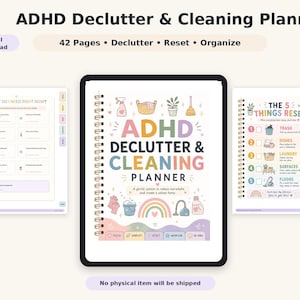 Puede incluir: Un planificador digital de limpieza y organización para TDAH de 42 páginas. La portada incluye ilustraciones en tonos pastel de artículos de limpieza, un arcoíris y el texto ADHD DECLUTTER & CLEANING PLANNER. Dos páginas interiores muestran listas.