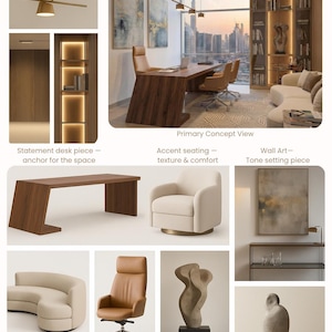 May include: A concept mood board featuring a collection of interior design elements including a wooden desk, a cream-coloured swivel chair, a tan leather office chair, a curved sofa, abstract sculptures, and a colour palette of green, tan, and white.