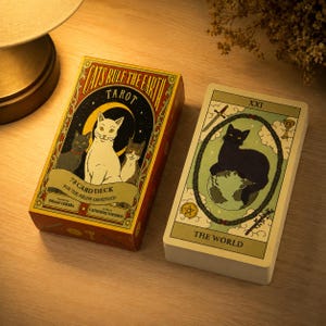 May include: A Cats Rule The Earth tarot deck box featuring three cats and a matching tarot card labeled The World with a black cat sitting on a globe. The box text reads 78 Card Deck For The Feline-Obsessed, Thiago Correa, and Catherine Davidson.