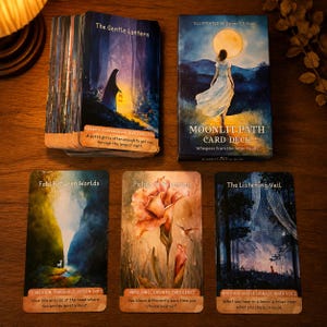 May include: A Moonlit Path card deck box and a stack of cards featuring illustrations of a figure with a lantern, a person walking toward a moon, a deer in a landscape, a large flower, and a forest scene with text on each card and box.
