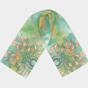 Art nouveau Silk long scarf, Girlfriend gift idea, long scarf for women, head wrap scarf, green printed silk scarf, Art nouveau print