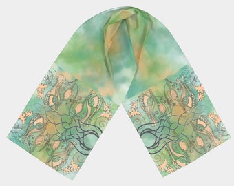 Art nouveau Silk long scarf, Girlfriend gift idea, long scarf for women, head wrap scarf, green printed silk scarf, Art nouveau print