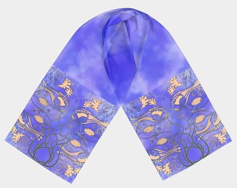 Silk long scarf, unique gift, blue scarf for women, long scarf women, Girlfriend gift idea, printed silk scarf, art nouveau print