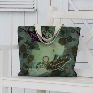 Steampunk large tote bag, with zipper and pockets, Girlfriend gift idea, Art tote bag canvas, oversized tote bags, shoulder bag for women