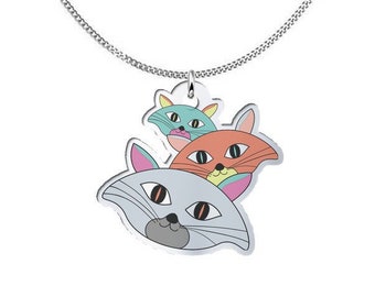 Drôle de pendentif de chats, bijoux pour elle, pendentif unisexe découpé de chats, argent sterling, bijoux d’Halloween, pendentif coloré, collier d’amoureux des chats