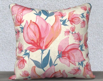 Big Pink Flowers, Cream Pillow Cover, Floral decor gift for her, floral pillow case, 18X18 pillow cover, Flowers print pillow cover