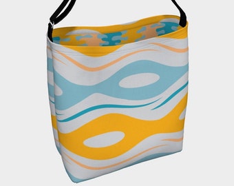Mid-Century yellow and blue Beach Tote with cool design liner - Made in Canada