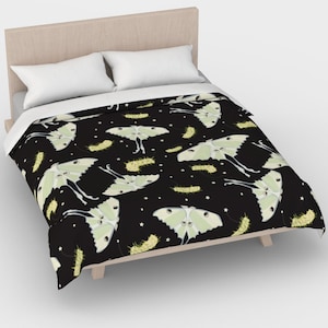 Luna moth print comforter cover, duvet cover king, duvet cover twin, Luna moth duvet, duvet cover queen, Luna moth bedding, black comforter